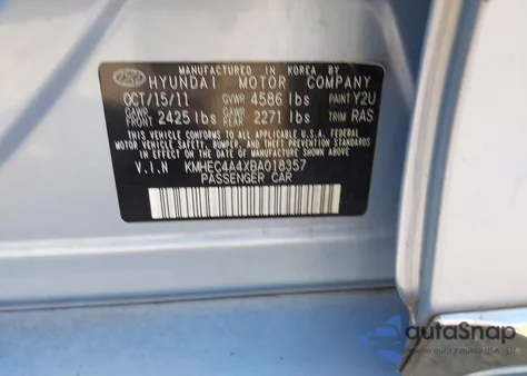 2011 Hyundai Sonata Hybrid Hybrid from USA, damaged, VIN KMHEC4A4XBA018357